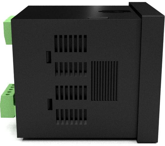 Black electrical device with three green connection blocks, shown from the side, presumably for industrial or technical applications.