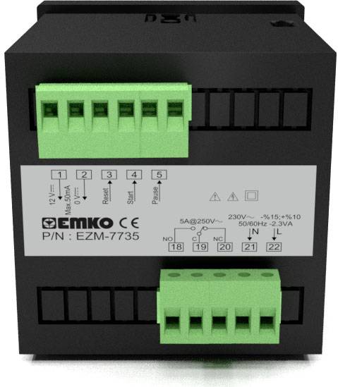 Black device with green terminal connections. Label: 'Emko CE, P/N: EZM-7735'. Voltage: 230V, Current: 5A@250V.