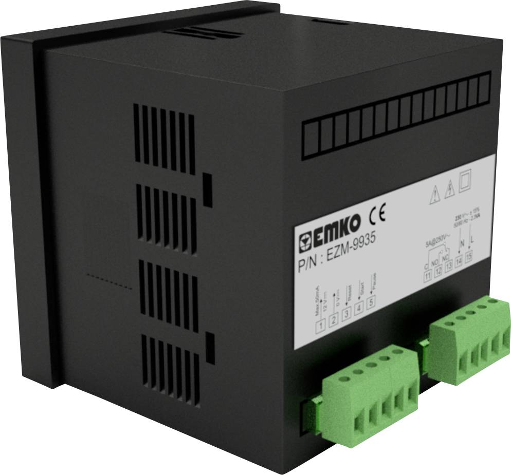 Black electrical device with labels on the front and green plug connections at the bottom, brand new.