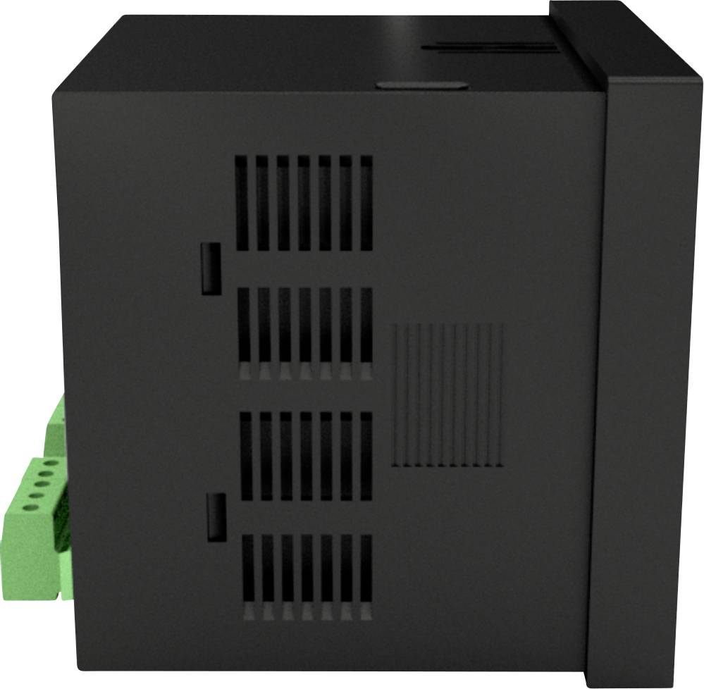 A black electronic device with ventilation slots and green ports on the side, likely intended for industrial use.