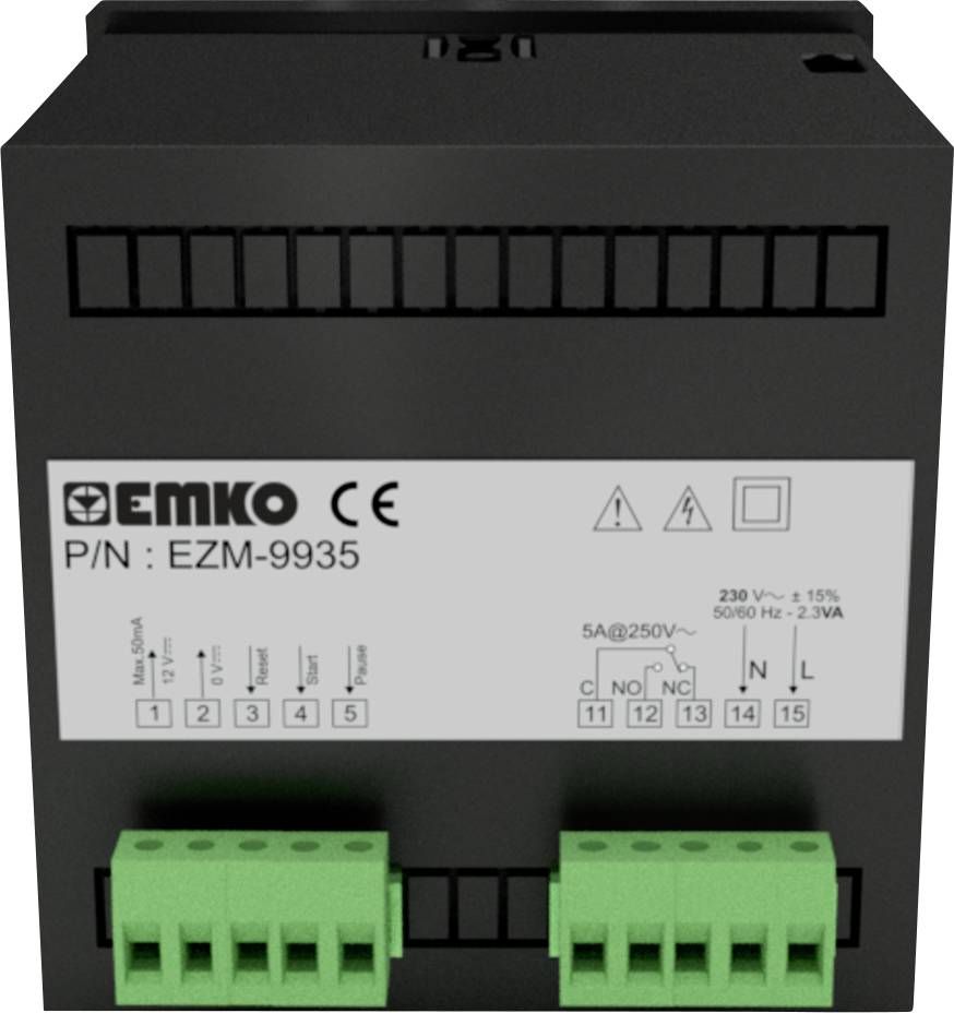 Black box with white label from Emko brand, model 'EZM-9935'. Displays electrical connection details and capacity: 5A@250V, 50/60 Hz.