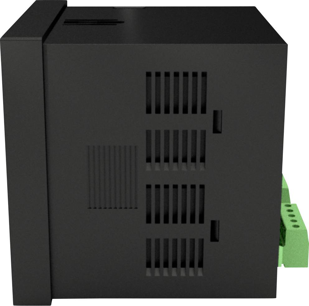 Black, rectangular electronic device with ventilation slots and green terminals, side view.