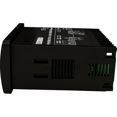 Black electronic device with multiple ports and an open ventilation grille. Text and symbols on the top surface.