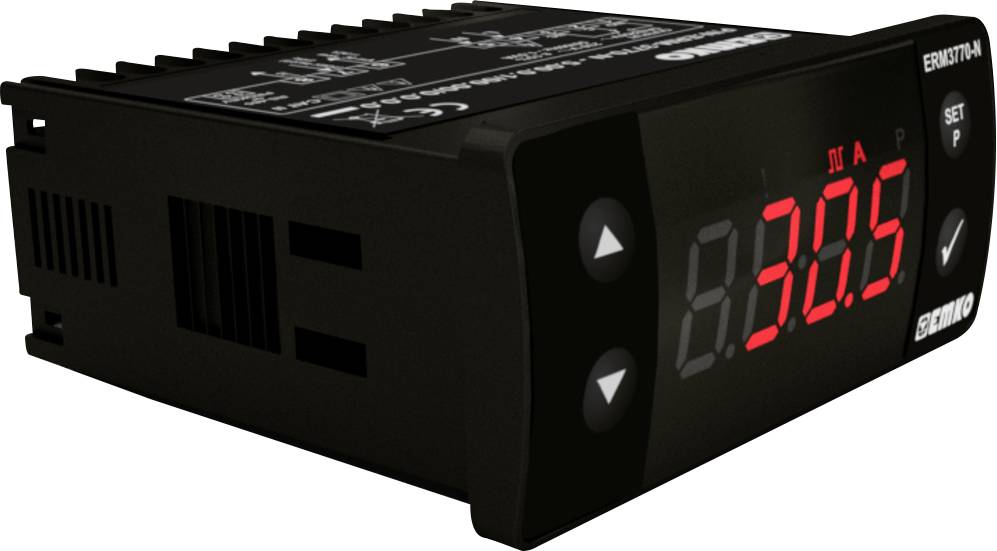 Digital electronic thermostat with LED display, showing 30.5 degrees. Buttons for temperature control and settings.