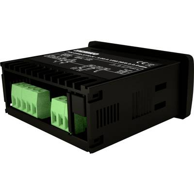 A black electronic device with green terminal connectors, possibly a control unit or converter, with technical labelling.