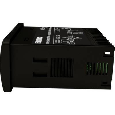 A black electronic device with ventilation slots and white markings on the top surface, for control or regulation.