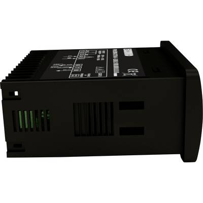A black electrical device with ventilation slots and a label displaying specifications, used for power supply or control.