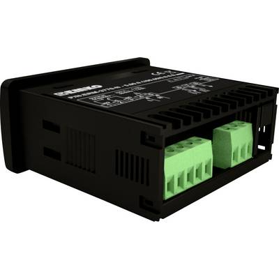 A black, rectangular electronic device with green ports, possibly a measuring instrument or controller, shown in an angled side view.