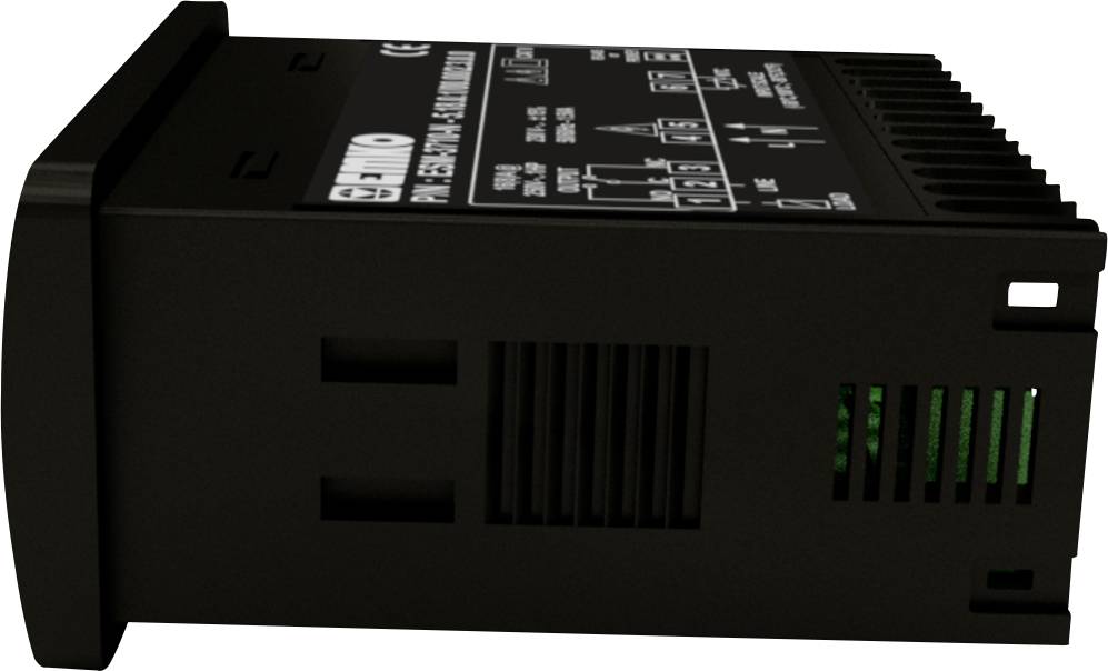 Black electronic device with ventilation slots, side display, and connection ports, possibly a power regulator.