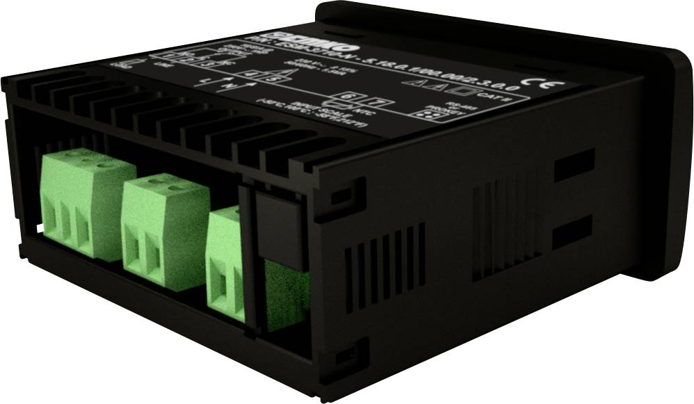 Black electric transmitter with green connection terminals, suitable for industrial applications.