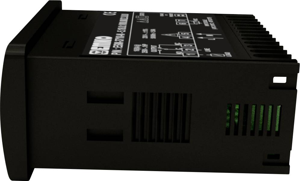 Black electronic device with ventilation slots and labelling on the top surface; possibly an electronic controller.