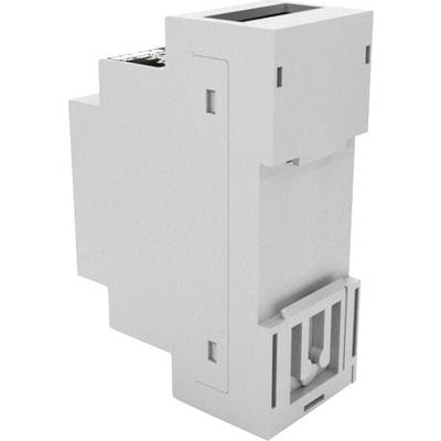 A grey, rectangular electrical module for DIN rail mounting. Used for modular electrical or electronic systems.