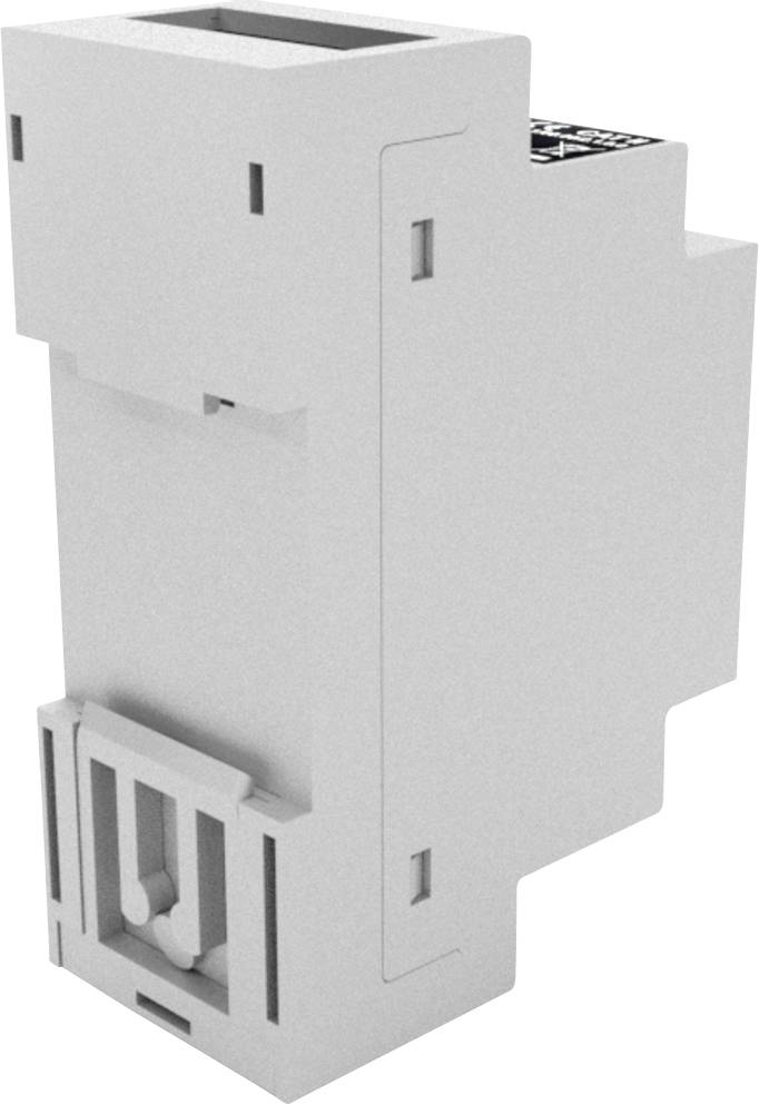 Grey, rectangular electrical module for DIN rail mounting, viewed from the side.
