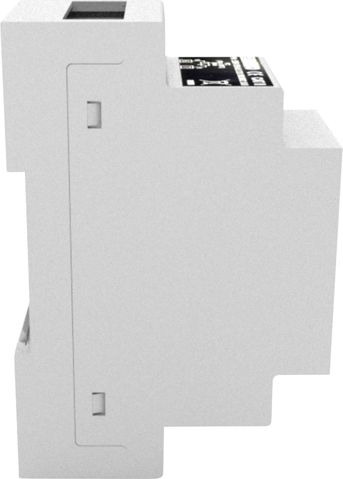 Side view of a white electronic device with a black label on top. The device is rectangular in shape and vertically oriented.