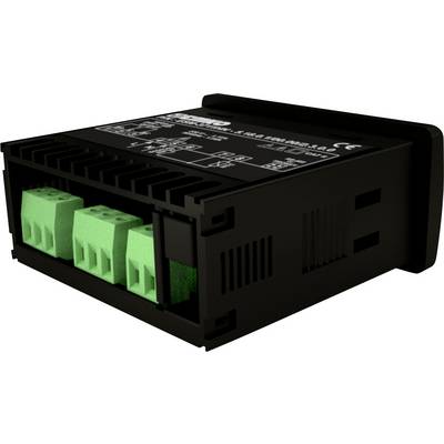 Black electronic device with green connection terminals at the front, surrounded by ventilation slots.