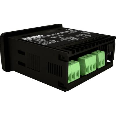 Electronic module with five green plug connectors visible. Top surface shows technical specifications and CE marking.