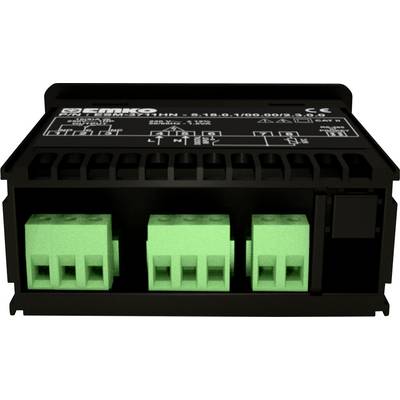 A black electrical device with green connectors and technical labels on the top surface, used for control purposes.