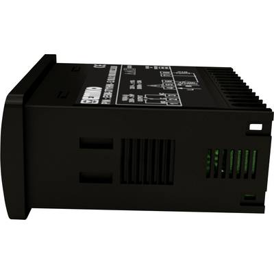 A black electronic device with ventilation slots and control elements on the top surface, positioned sideways.