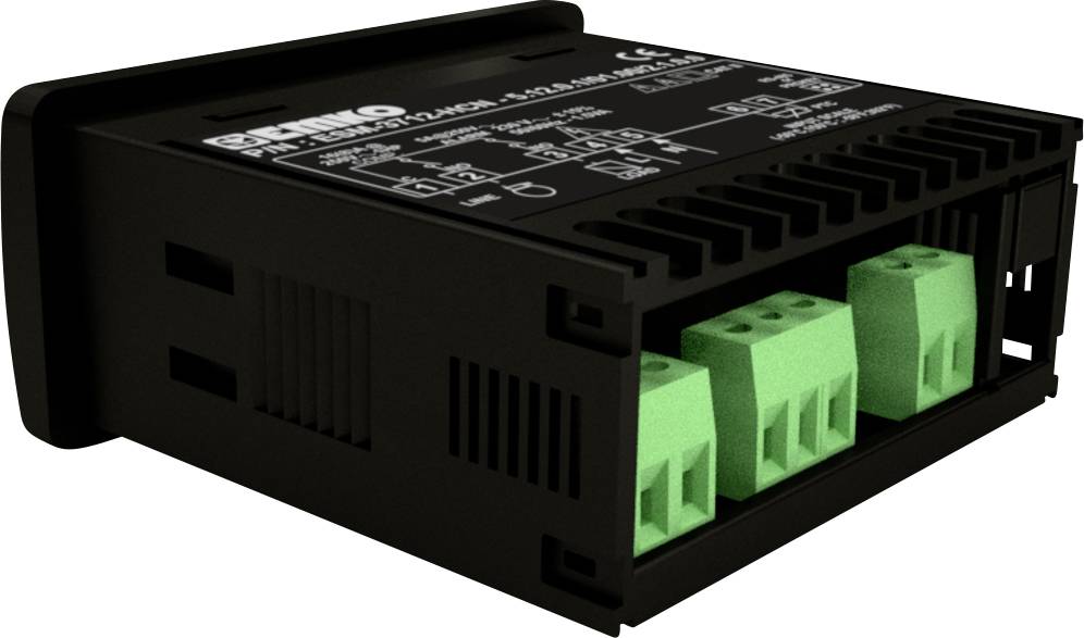 Black electrical module with green terminals and white text on the top surface, displaying technical specifications.