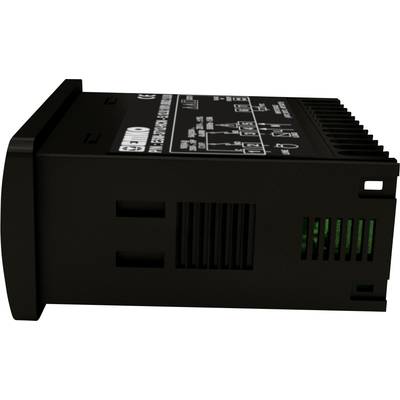 A black electronic device with ventilation slots and visible circuit diagrams on top, presumably a temperature controller.