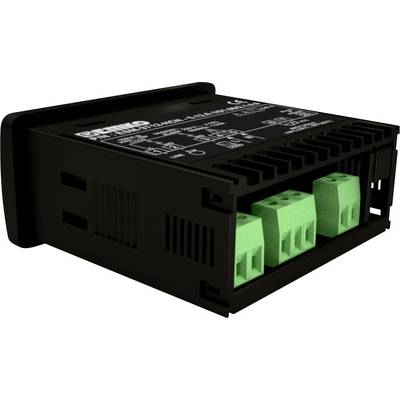 Black electrical device with green terminals at the front. Technical details and a brand name are printed on the top.