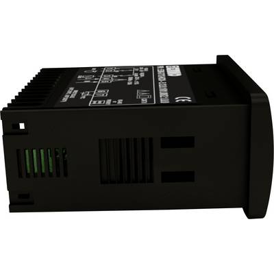 Black electronic temperature controller with ventilation slots and control elements. A display shows setting options.