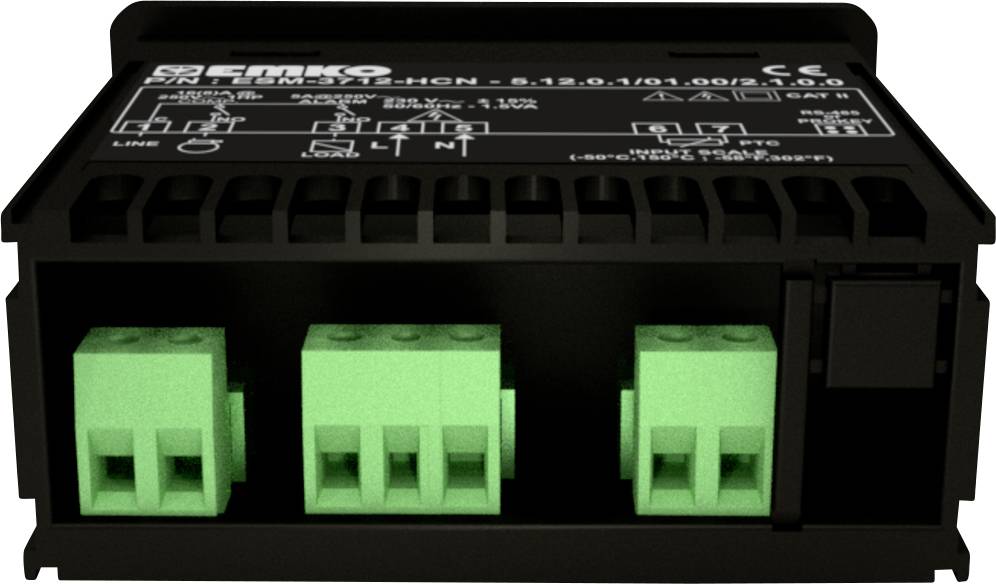 Black electronic device with a green connection block and labels on the top surface. Used for connecting cables.