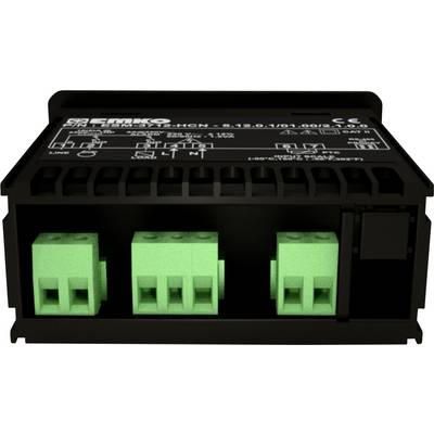 'Black electronic component with green terminal blocks and white text printed on it.'