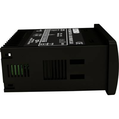 Black, rectangular electronic device with side ventilation slots and labels on the top surface.