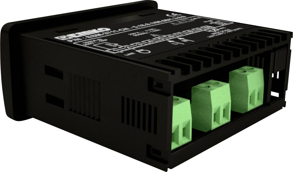 A black electronic device with green connection terminals. Label with technical information on the top surface.