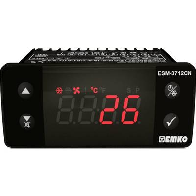 Electronic temperature controller ESM-3712CN with digital display showing '26' degrees Celsius, display and control buttons, symbols for cooling and ventilation.
