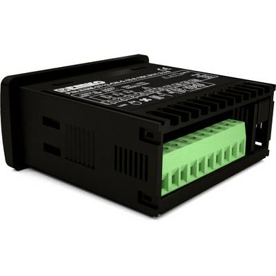 Black electronic device with green connection terminals and a printed label on the top surface for control or monitoring functions.