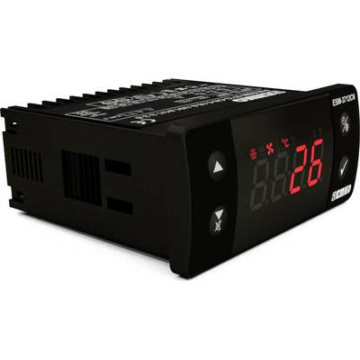 Temperature controller with a digital display showing '26°C' in red. Three symbols on the device: fan, snowflake, tick.