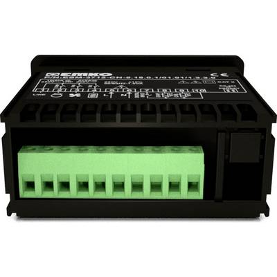 A black electric device with a green terminal block and white labelling on the top surface, likely a module.