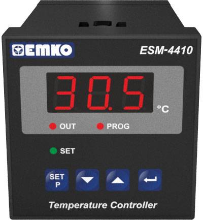 Temperature Control Device ESM-4410 with digital display shows 30.5 degrees Celsius. Control buttons for settings and programming.