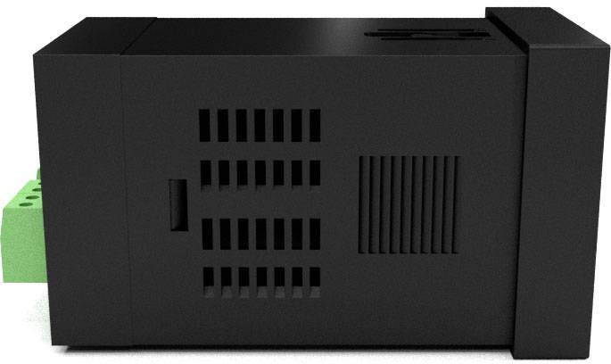 Black electronic device with ventilation slots and green connection block. Side view.
