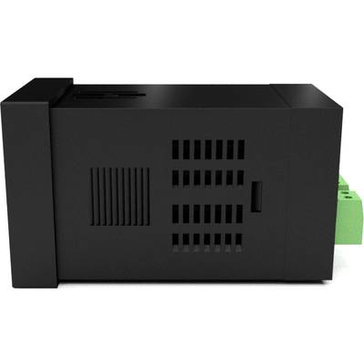 A black electronic device with ventilation slots and a green connector on the side.
