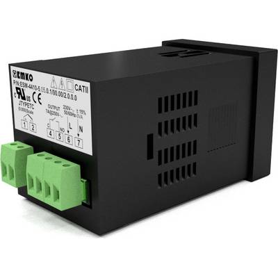 Black electrical device with green connectors and multiple safety and manufacturer markings.