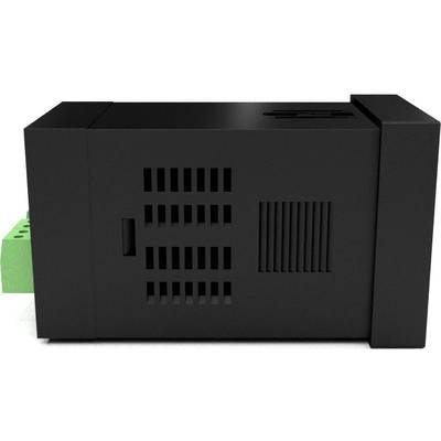 A black electronic device with multiple ventilation slots and a green connection block on the left side.