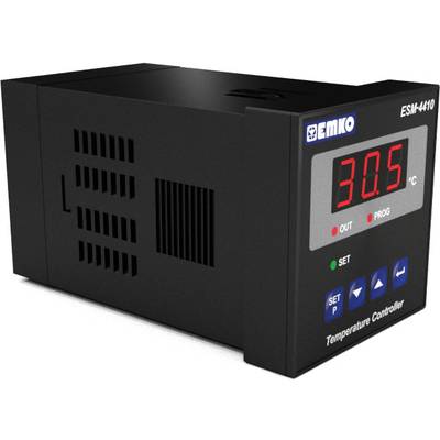 Temperature controller with digital display shows 30.5 °C. Plastic housing with control buttons for programming and configuration.