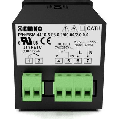 An electrical device by Emko with connection terminals and technical specifications on the front, such as voltage and current rating.