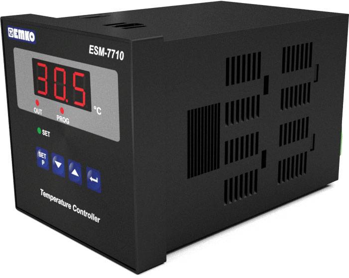 Temperature controller with digital display showing 30.5 degrees Celsius. Device has buttons for settings and programmes. Model ESM-7710.