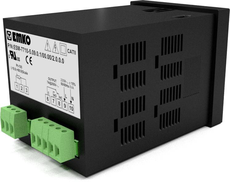 A black electronic power meter with green connection terminals and labelling on the top surface displays technical specifications.