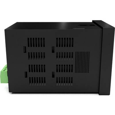 A black, rectangular electrical device with ventilation slots and a green connector on the side.