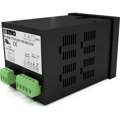 Black, rectangular electrical device with green terminal connectors and a label 'EMKO'. Used for voltage monitoring.
