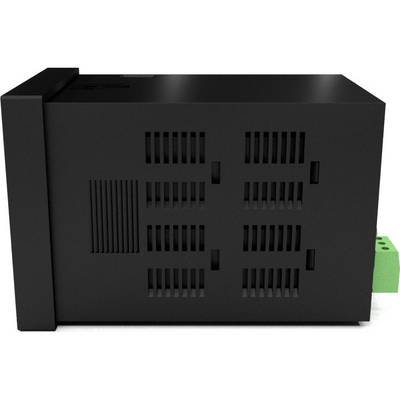 A black, rectangular electronic component with ventilation slots and a green connector on the side.