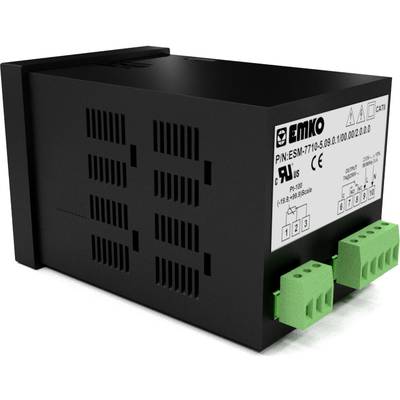 Black rectangular electrical device with green connectors at the front and a label on top with technical specifications.