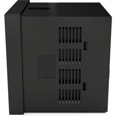 A black, square computer case is shown from the side, with multiple ventilation slots.