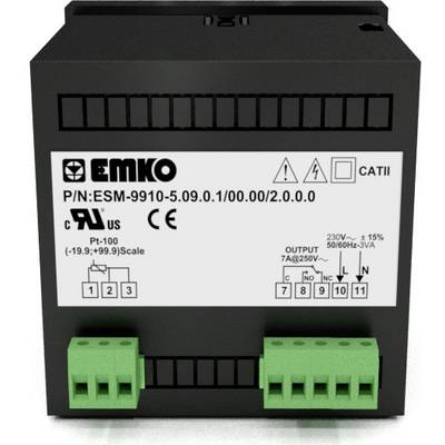 The image shows a black electrical device with green connectors and technical specifications.