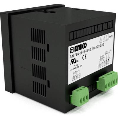 A black electronic device with green terminal connectors and label. Used for electrical measurements or controls.